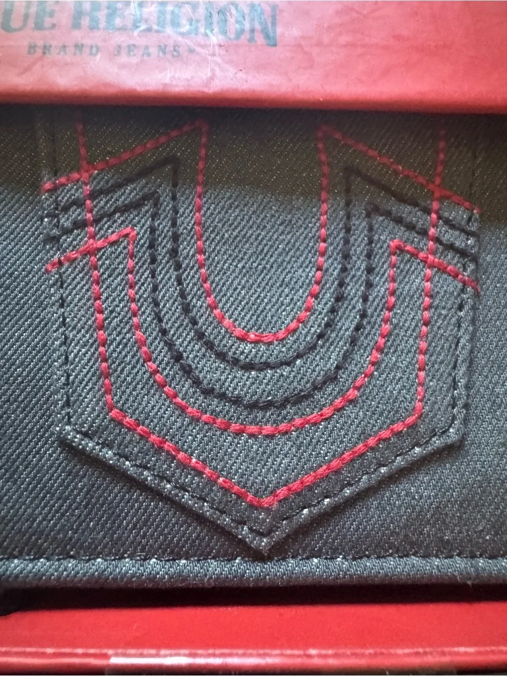True Religion Black Denim Wallet with Red Stitch Accents NIB